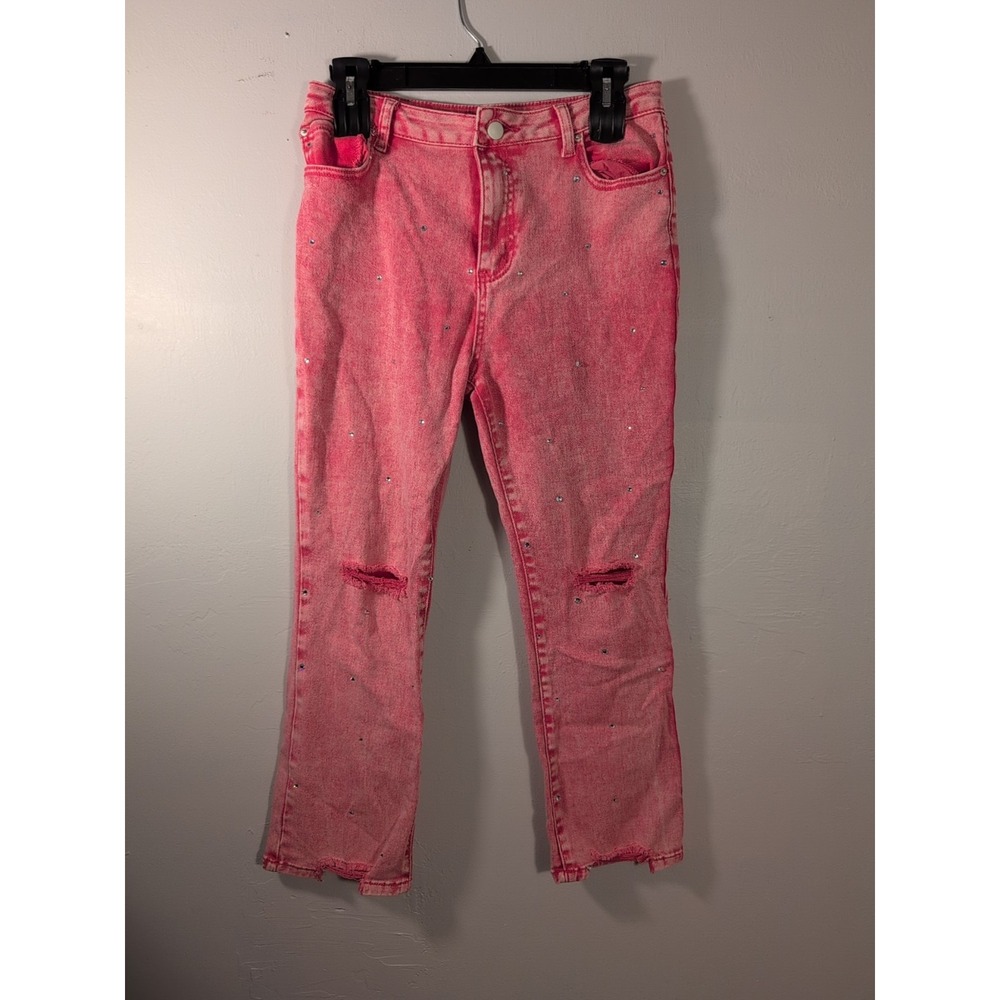 Blue B Womens Pink Distressed Straight-Leg Jeans With Rhinestones Size M